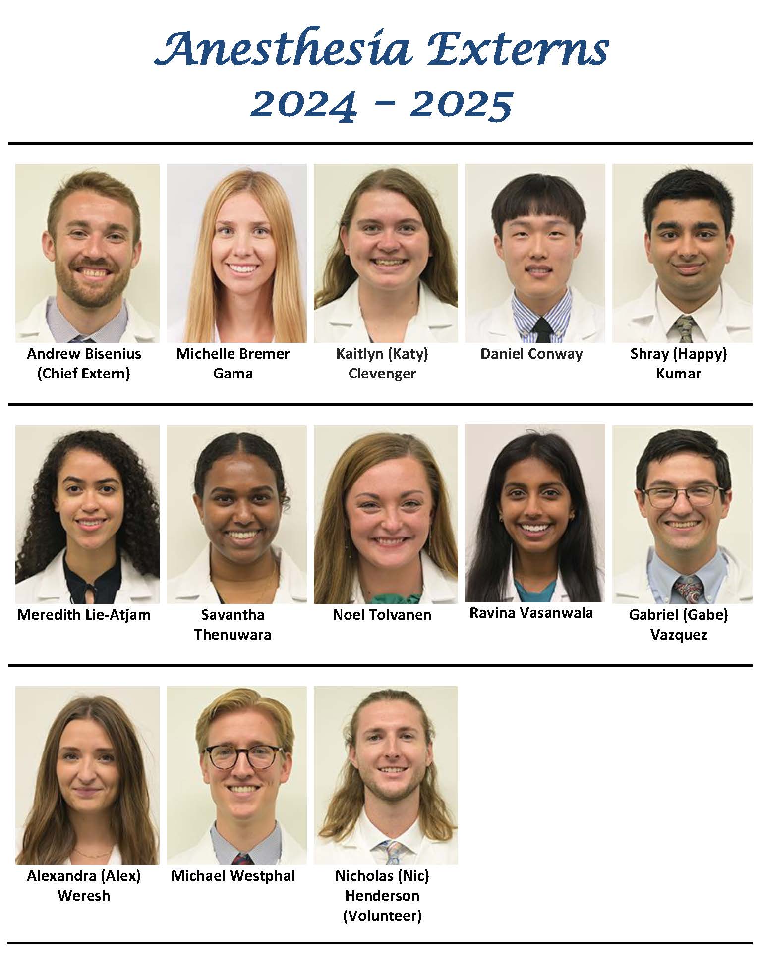 2024 2025 Anesthesia Externs Department of Anesthesia